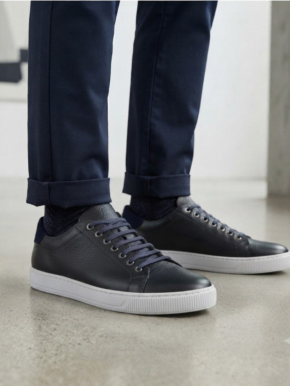 NIB Baccus Shoemaker Black Leather Sneakers – Blue Suede Accents